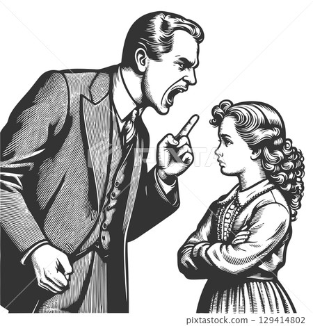Father yelling at daughter engraving sketch vector Father yelling at daughter engraving sketch vector 129414802