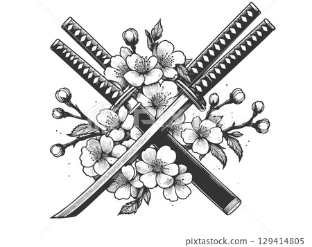 Crossed Katana Swords with Cherry Blossoms vector 129414805