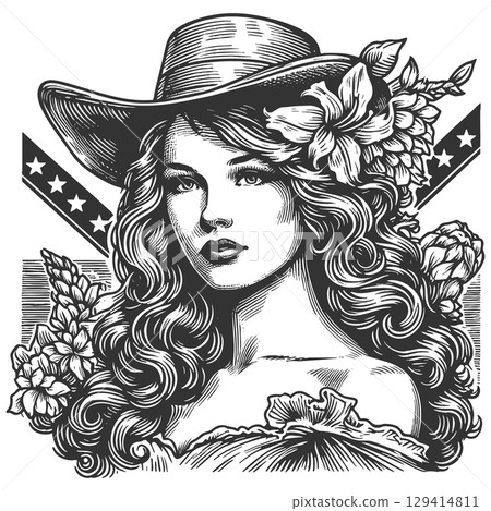Vintage Cowgirl with Hat and Floral Accents vector 129414811
