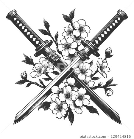 Crossed Katana Swords with Cherry Blossoms vector 129414816