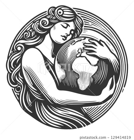 Woman embracing Earth engraving vector Woman embracing Earth engraving vector 129414819