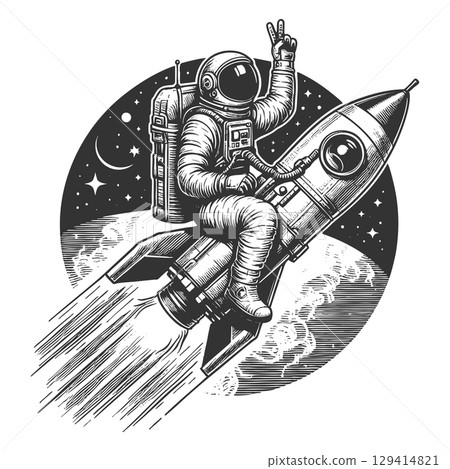 Astronaut Riding Rocket with Peace Sign vector Astronaut Riding Rocket with Peace Sign vector 129414821