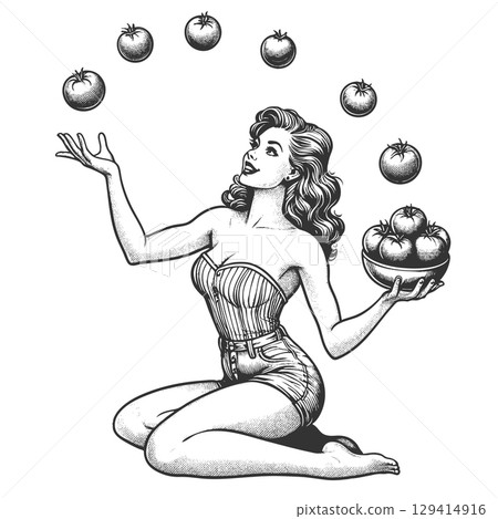 Pin-Up Girl Juggling Tomatoes engraving vector 129414916