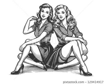 Pin-Up Style Women engraving vector illustration 129414917