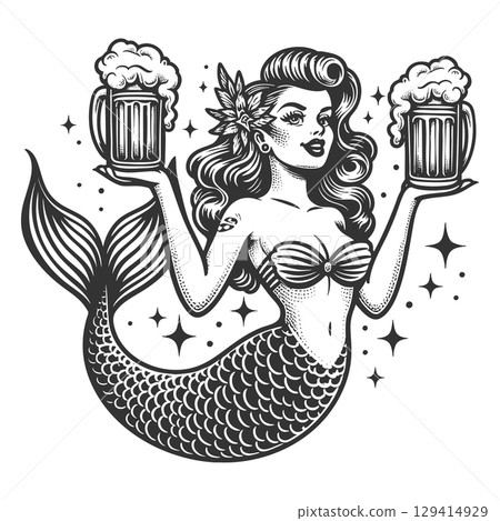 mermaid beer mugs engraving vector illustration 129414929