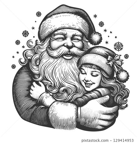 Santa Claus Hugging Happy Child engraving vector 129414953