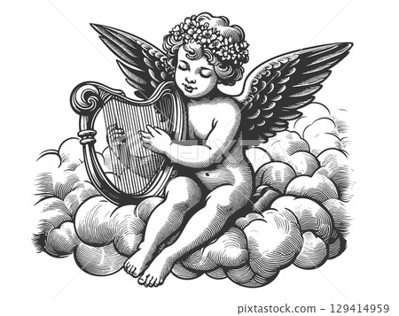 Cherub Playing Harp on Clouds engraving vector 129414959
