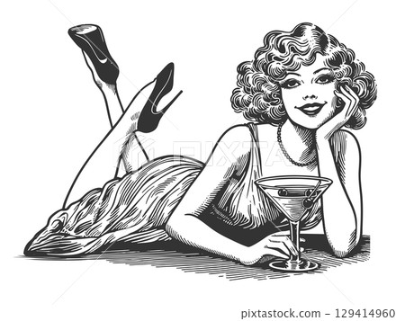 Retro Woman Relaxing with Martini sketch vector  129414960