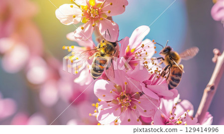 Close up of bees on soft pink cherry blossoms, natural macro spring background 129414996