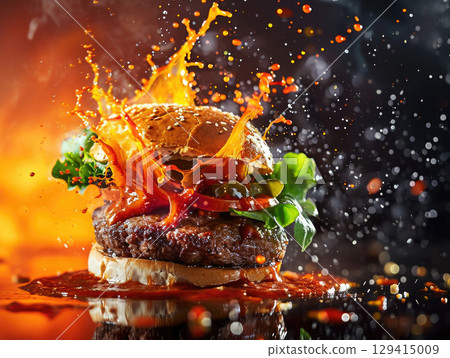 Burger with dynamic sauce splash and flying ingredients on dark background 129415009