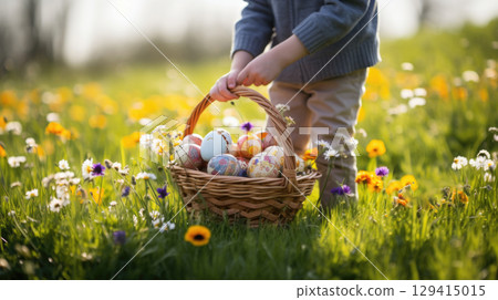 Child holding basket of colorful Easter eggs in sunny garden, eggs hunting 129415015