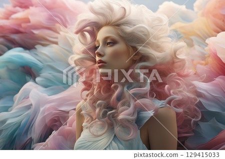 Dreamy portrait of woman with pink cloud like hair, soft pastel colors 129415033