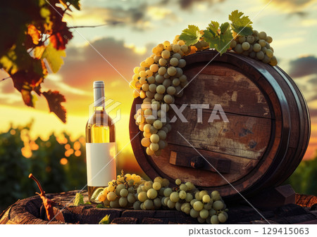Bottle of white wine beside wooden barrel, grapes against vineyard sunset 129415063