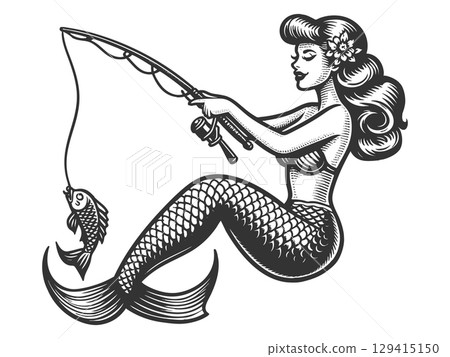 Mermaid Fishing with Rod engraving vector Mermaid Fishing with Rod engraving vector 129415150