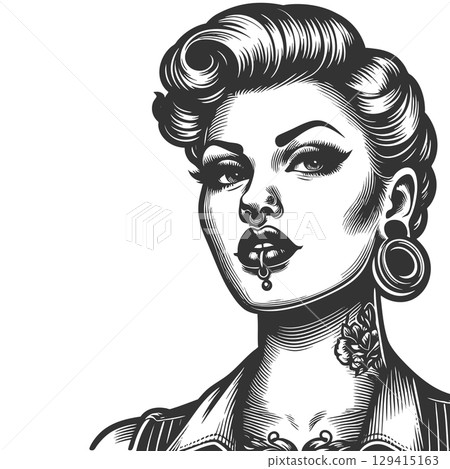 Tattooed Woman with Piercings engraving vector Tattooed Woman with Piercings engraving vector 129415163