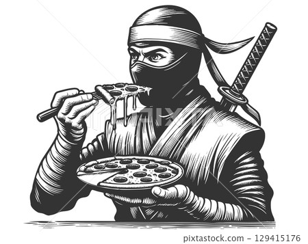 Ninja Eating Pizza engraving vector illustration Ninja Eating Pizza engraving vector illustration 129415176