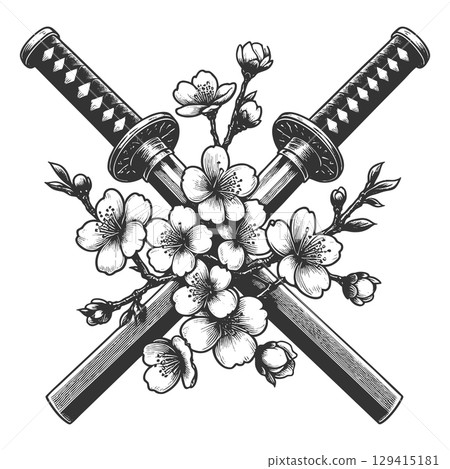 Crossed Katana Swords with Cherry Blossoms vector 129415181