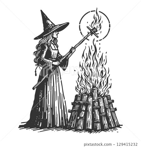 Witch Performing Ritual by Bonfire vector Witch Performing Ritual by Bonfire vector 129415232