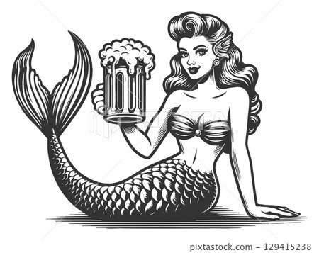 Mermaid holding beer mug vector illustration Mermaid holding beer mug vector illustration 129415238