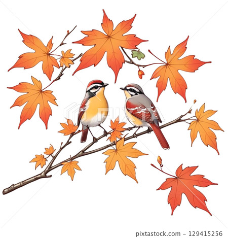 山雀棲息在秋葉的樹枝上 129415256