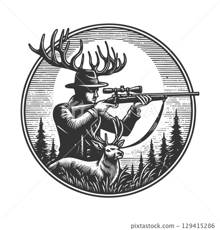 Surreal Hunter with Antlers Aiming Rifle in Forest 129415286