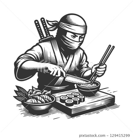 Ninja Chef Preparing Sushi Rolls engraving vector Ninja Chef Preparing Sushi Rolls engraving vector 129415299