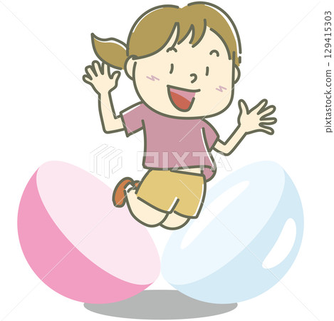 A girl jumps out of a pink capsule 129415303