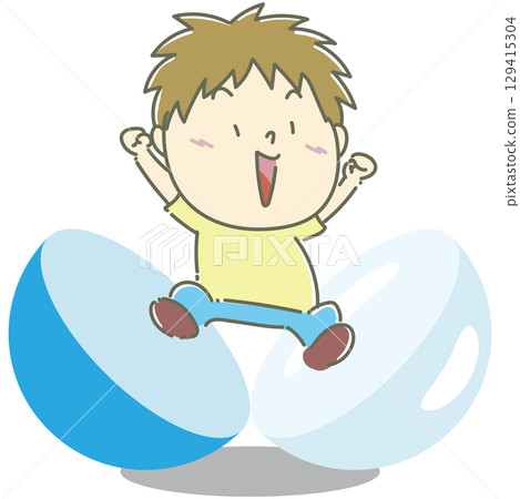 一個男孩從藍色太空艙中跳出來 129415304