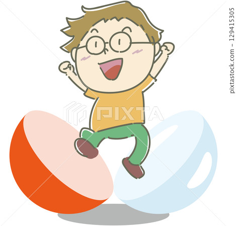 一個戴眼鏡的男孩從一個橘色膠囊裡跳出來 129415305