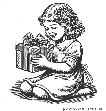 Child girl Receiving Gift engraving vector 129415306
