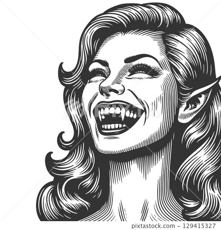 Smiling Female Vampire engraving sketch vector 129415327