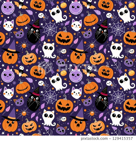 halloween pattern with pumpkin, ghost, skull, skull. vector seamless illustration halloween pattern with pumpkin, ghost, skull, skull. vector seamless illustration 129415357