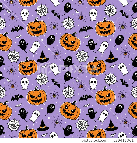 halloween pattern with pumpkin, ghost, skull, skull. vector seamless illustration 129415361
