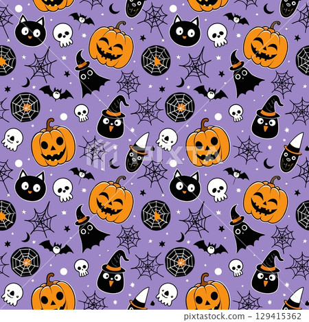 halloween pattern with pumpkin, ghost, skull, skull. vector seamless illustration 129415362