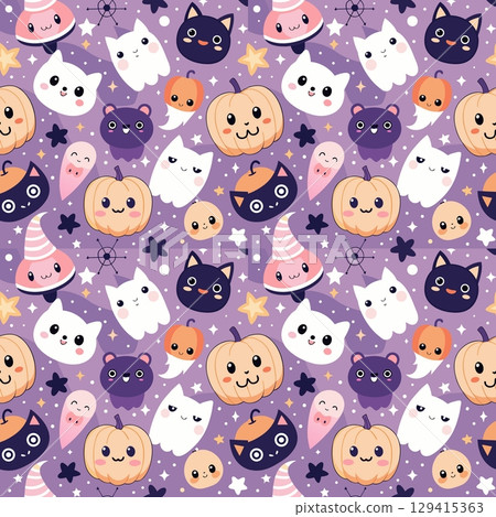 halloween pattern with pumpkin, ghost, skull, skull. vector seamless illustration 129415363