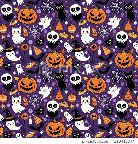 halloween pattern with pumpkin, ghost, skull, skull. vector seamless illustration halloween pattern with pumpkin, ghost, skull, skull. vector seamless illustration 129415374
