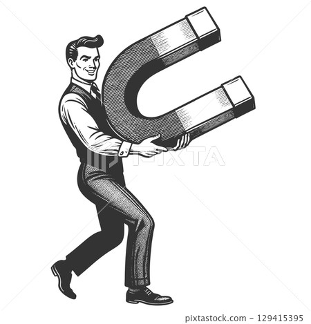 Man with Giant Magnet engraving vector 129415395