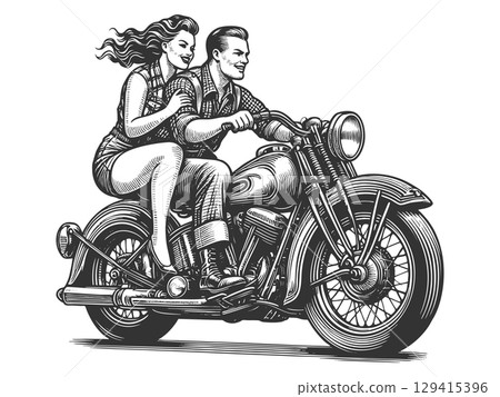 Retro Couple Riding a Classic Motorcycle vector Retro Couple Riding a Classic Motorcycle vector 129415396