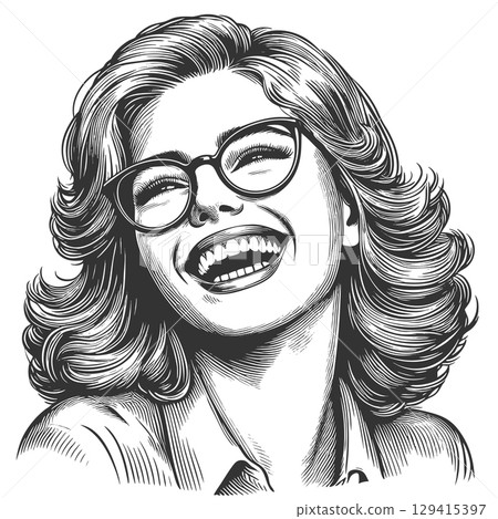 Smiling Woman in Glasses engraving vector 129415397