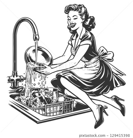 Retro housewife washing dishes sketch vector 129415398