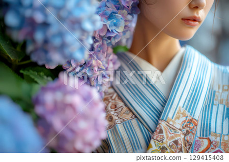 Young woman in kimono with hydrangeas in the background 129415408