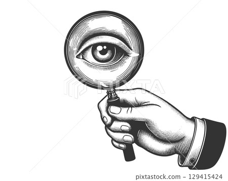 Hand Holding Magnifying Glass with Eye vector 129415424