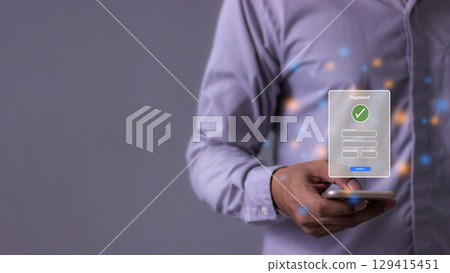 Young Man Hand Using Smartphone For Mobile Payment, Online payment, Digital, and Online shopping 129415451