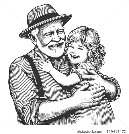 Grandfather Hugging Granddaughter engraving vector 129415472