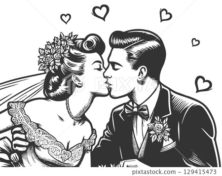 Bride and Groom Kissing engraving vector 129415473