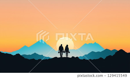 Breathtaking sunset view man standing on mountain peak embracing natures beauty 129415549