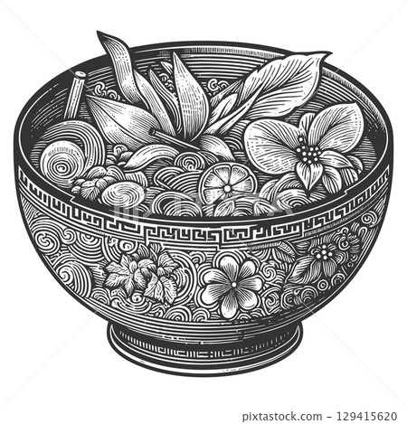 Soup bowl with floral design engraving vector 129415620