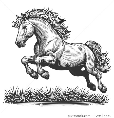 Running horse engraving sketch vector illustration 129415630