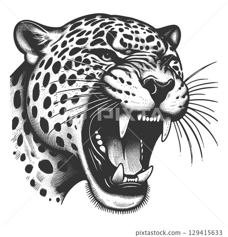 Leaping Roaring Leopard tattoo engraving vector 129415633