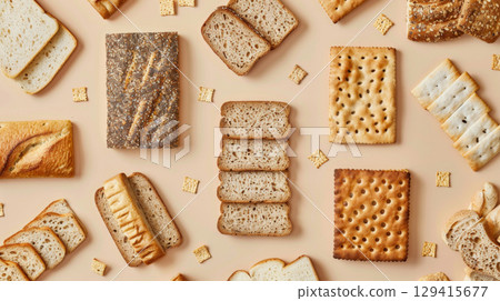 Assortment of diet breads including seed loaf on neutral background 129415677